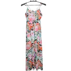 Mystree Maxi Dress Size Small Floral Multicolor Spaghetti Strap Orange Blue